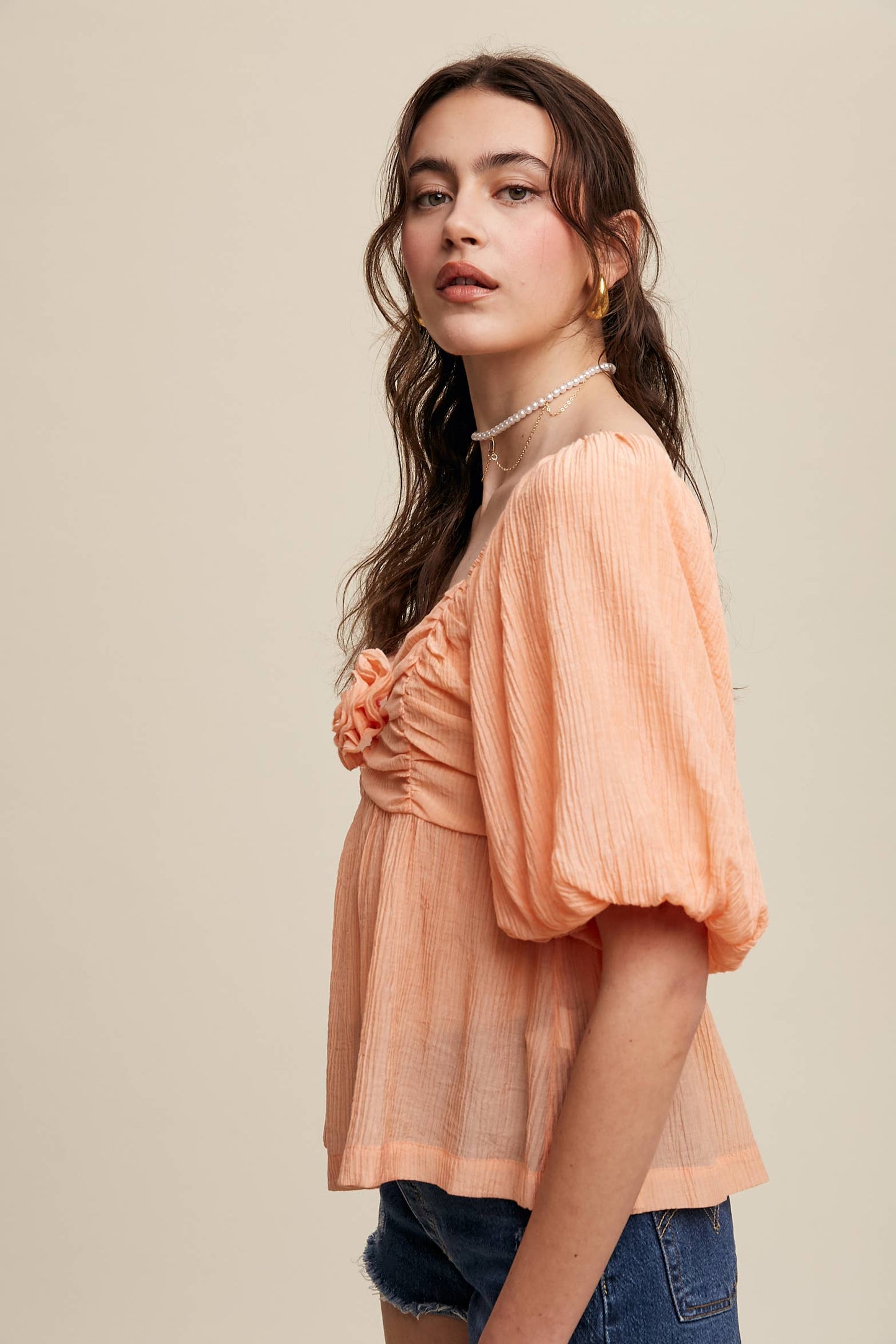 Puff-Sleeve Smocked Blouse