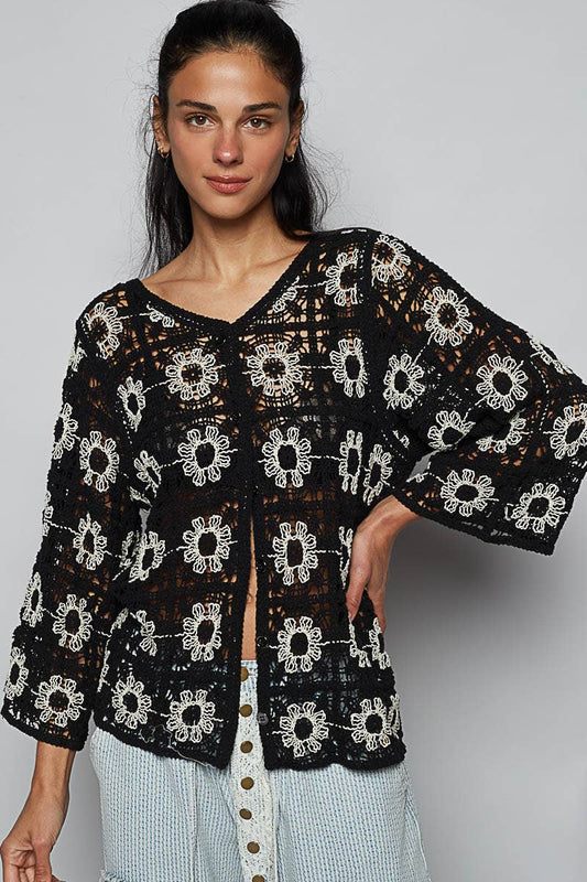 Round neck long sleeve crochet cardigan top