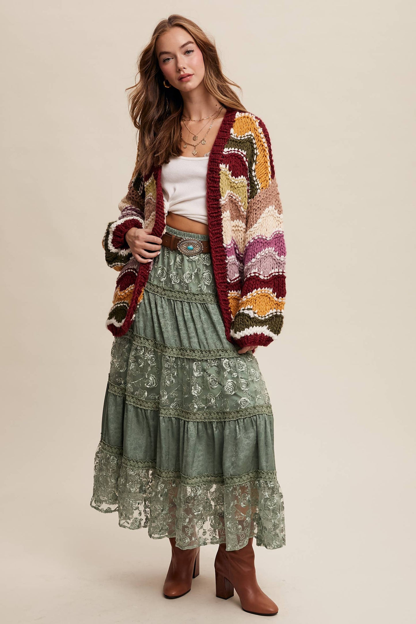 Floral Embroidered Tiered Maxi Skirt
