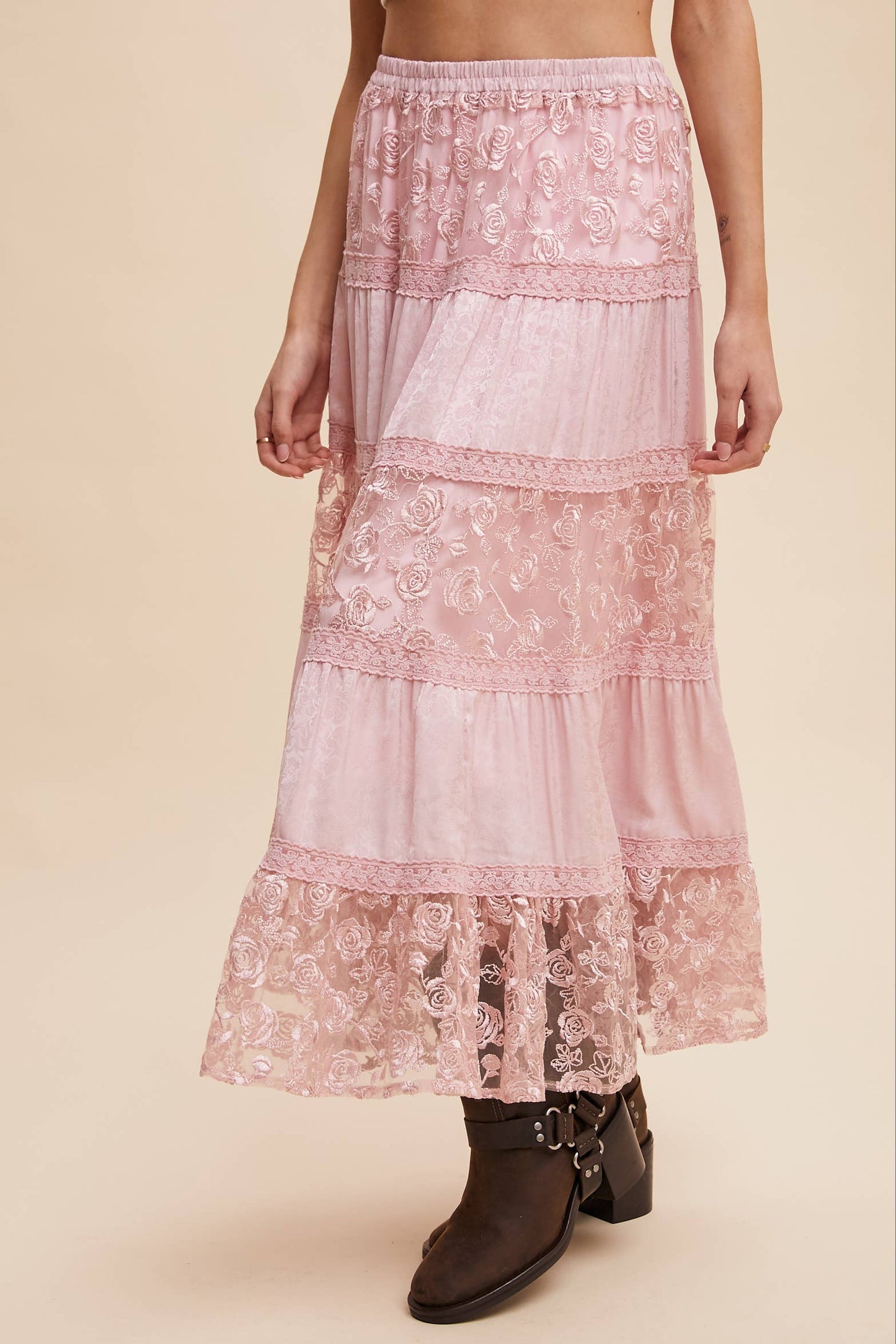 Floral Embroidered Tiered Maxi Skirt