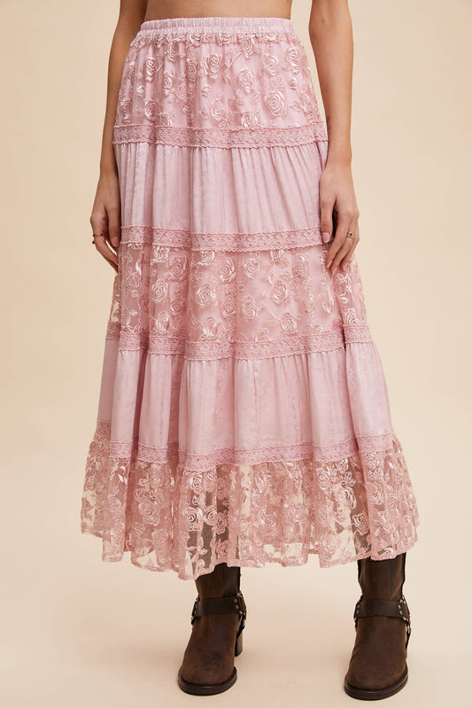Floral Embroidered Tiered Maxi Skirt