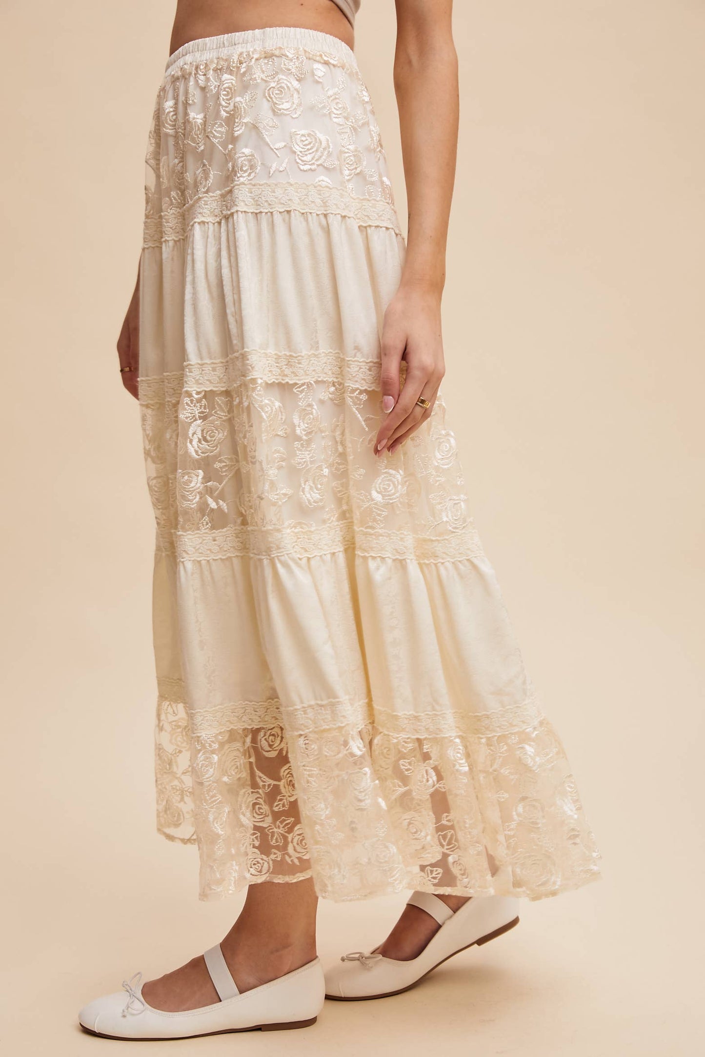 Floral Embroidered Tiered Maxi Skirt