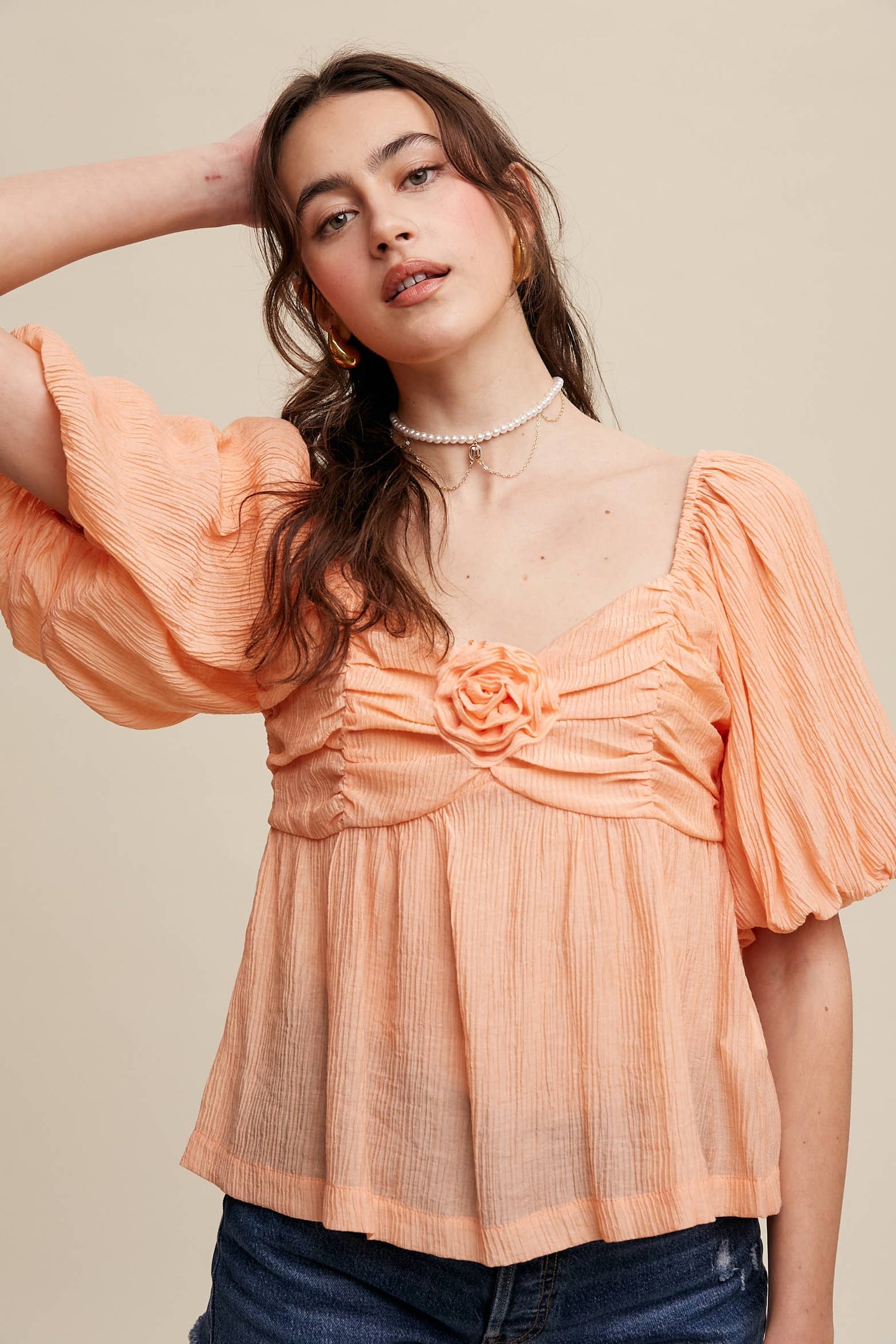 Puff-Sleeve Smocked Blouse
