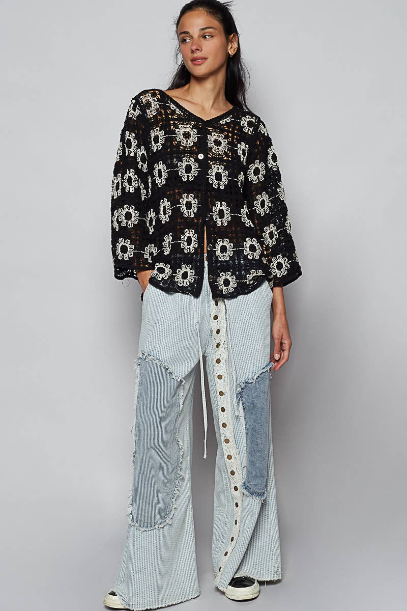 Round neck long sleeve crochet cardigan top