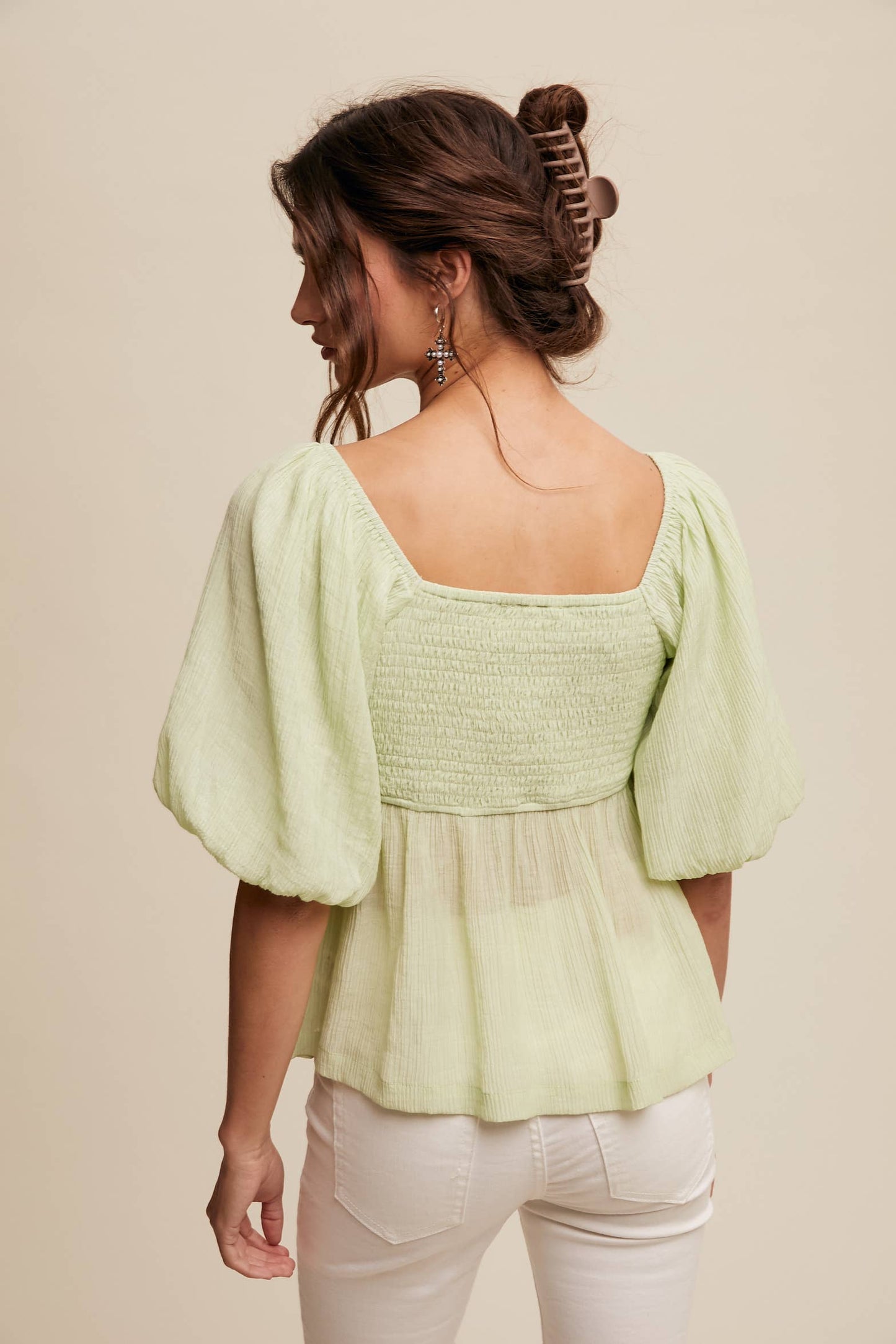 Puff-Sleeve Smocked Blouse