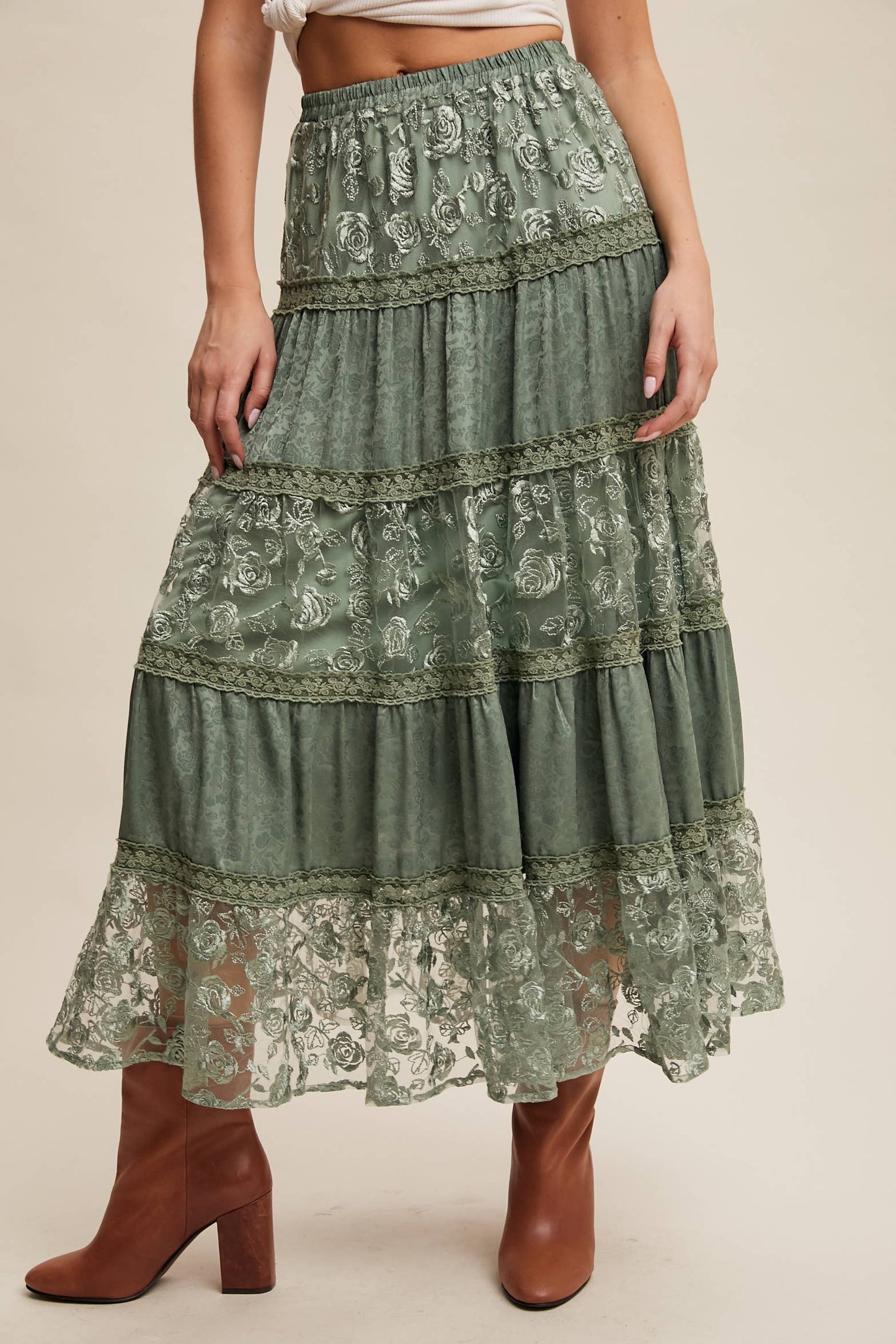 Floral Embroidered Tiered Maxi Skirt