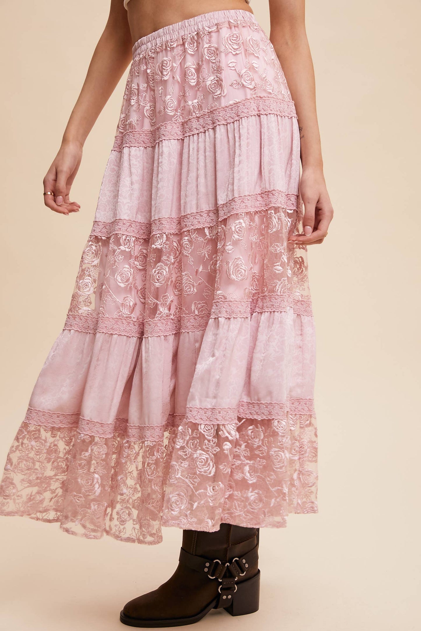Floral Embroidered Tiered Maxi Skirt