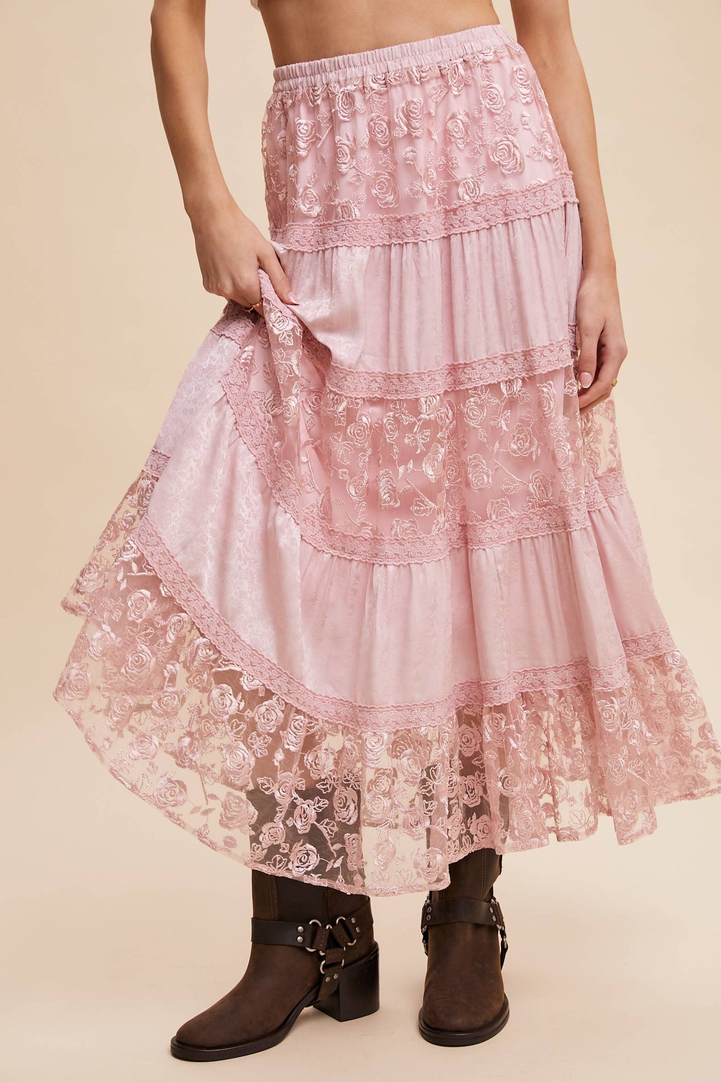 Floral Embroidered Tiered Maxi Skirt