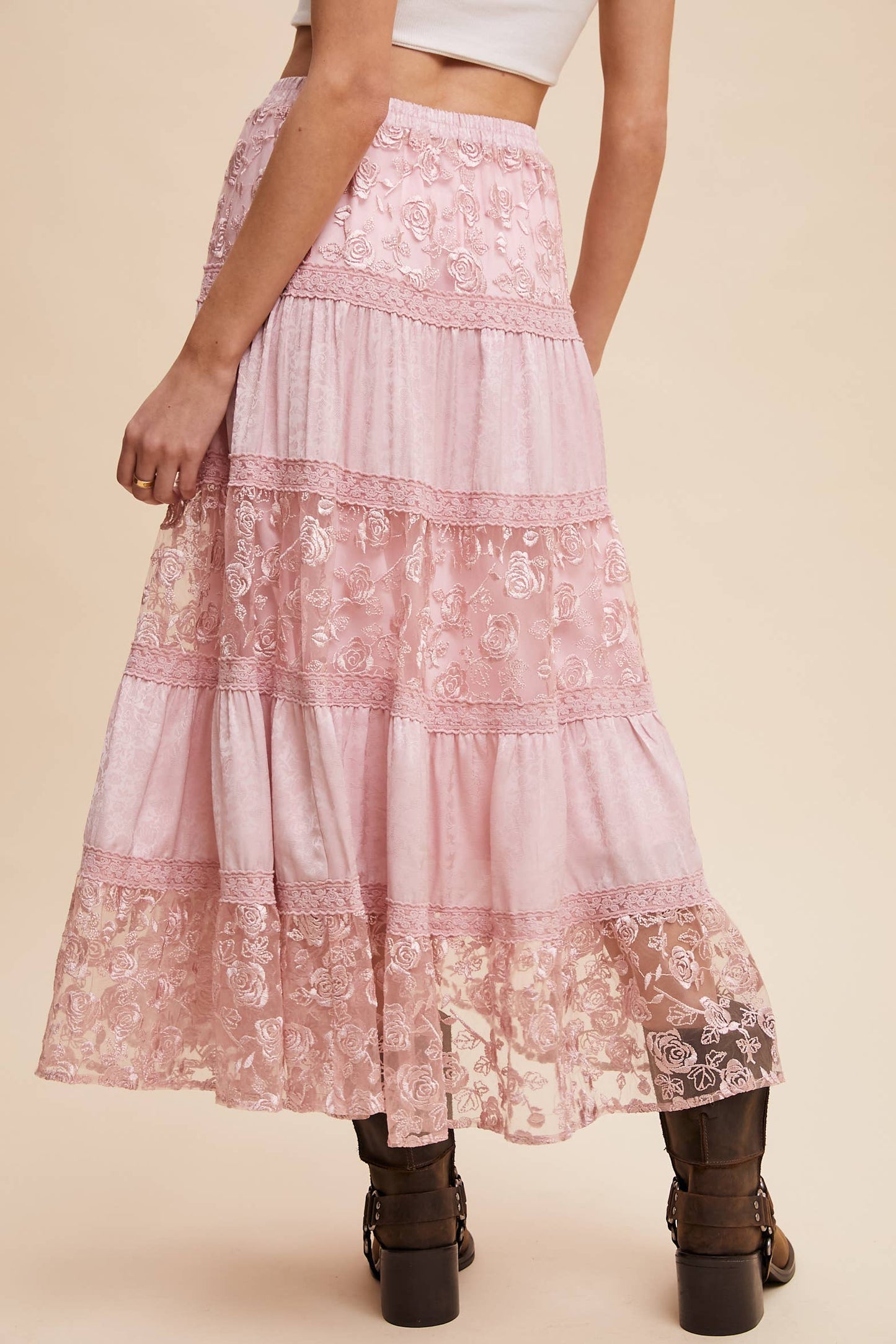 Floral Embroidered Tiered Maxi Skirt