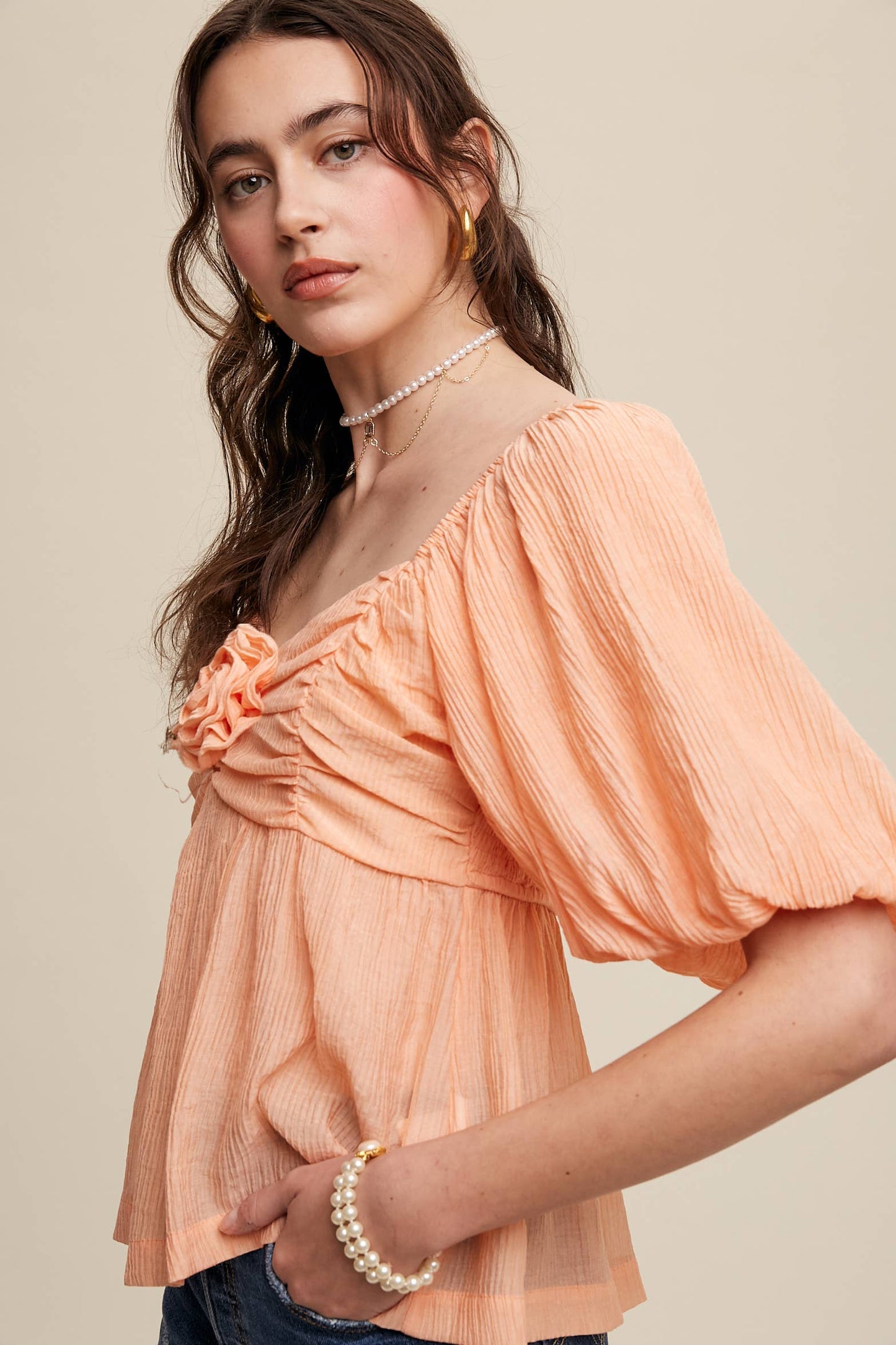 Puff-Sleeve Smocked Blouse