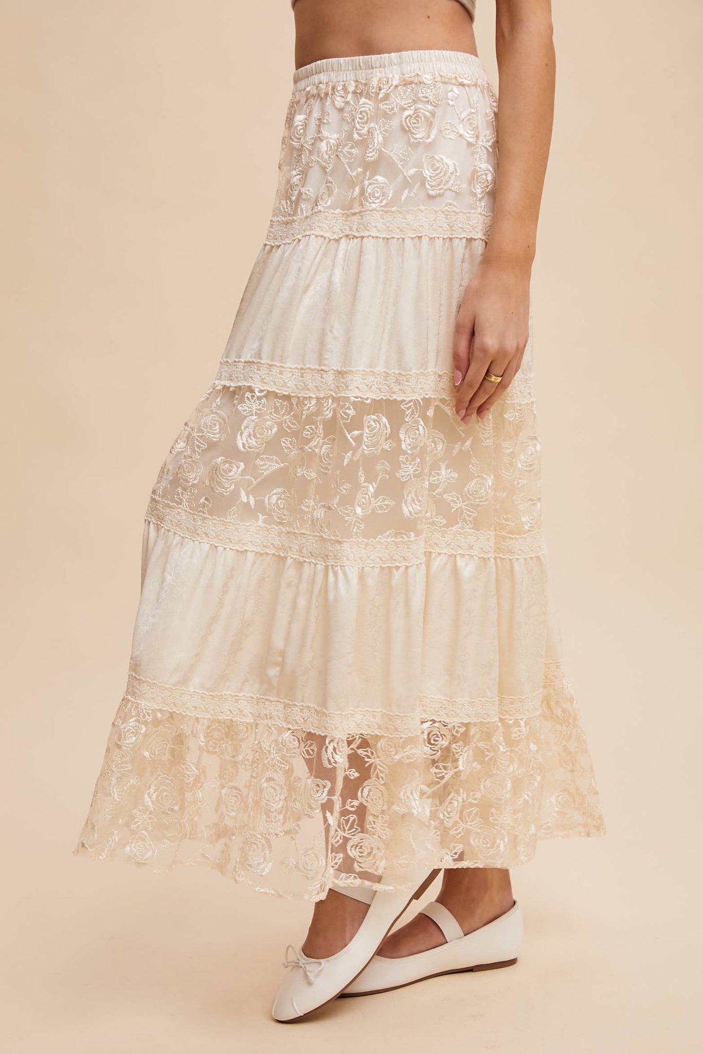 Floral Embroidered Tiered Maxi Skirt