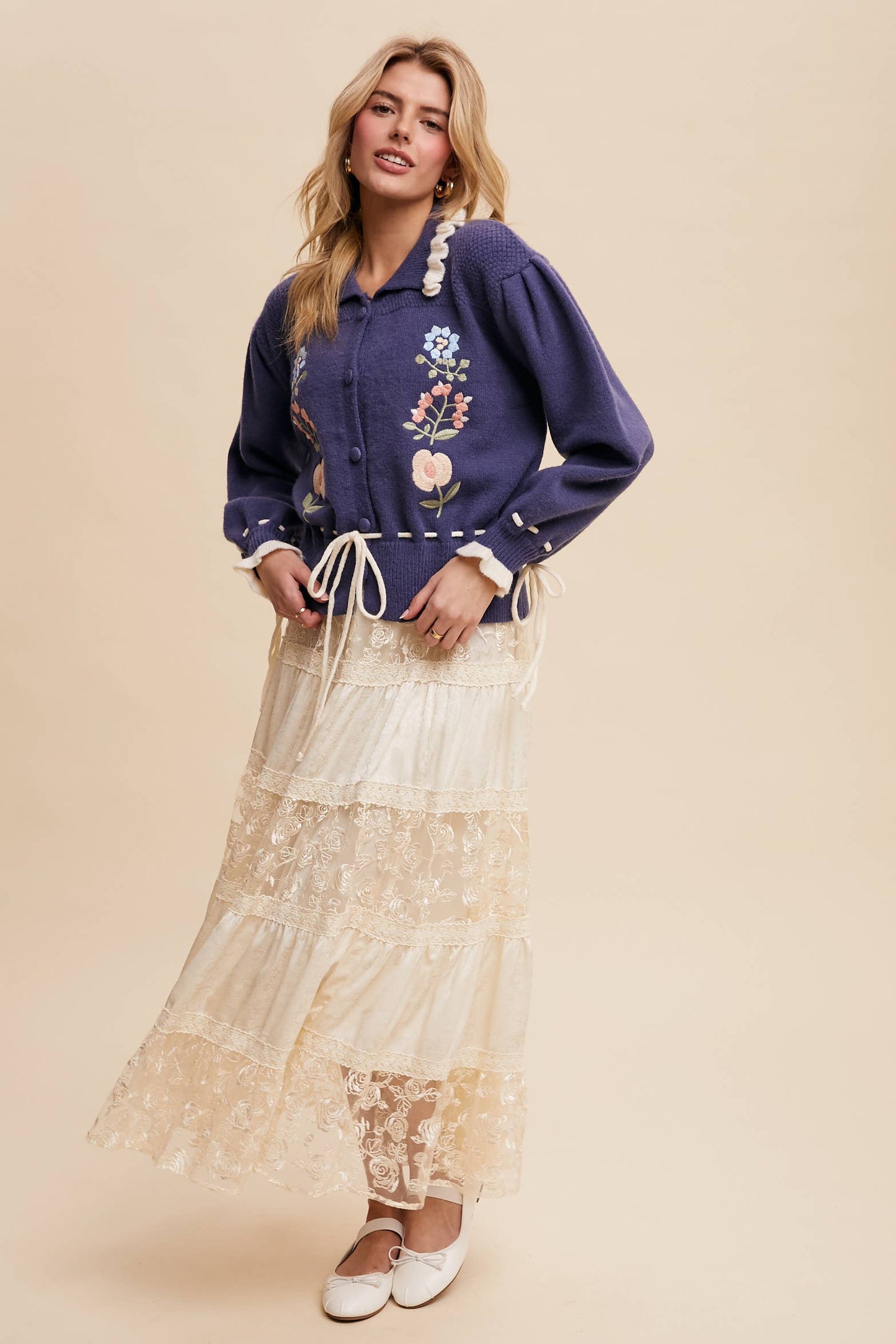 Floral Embroidered Tiered Maxi Skirt