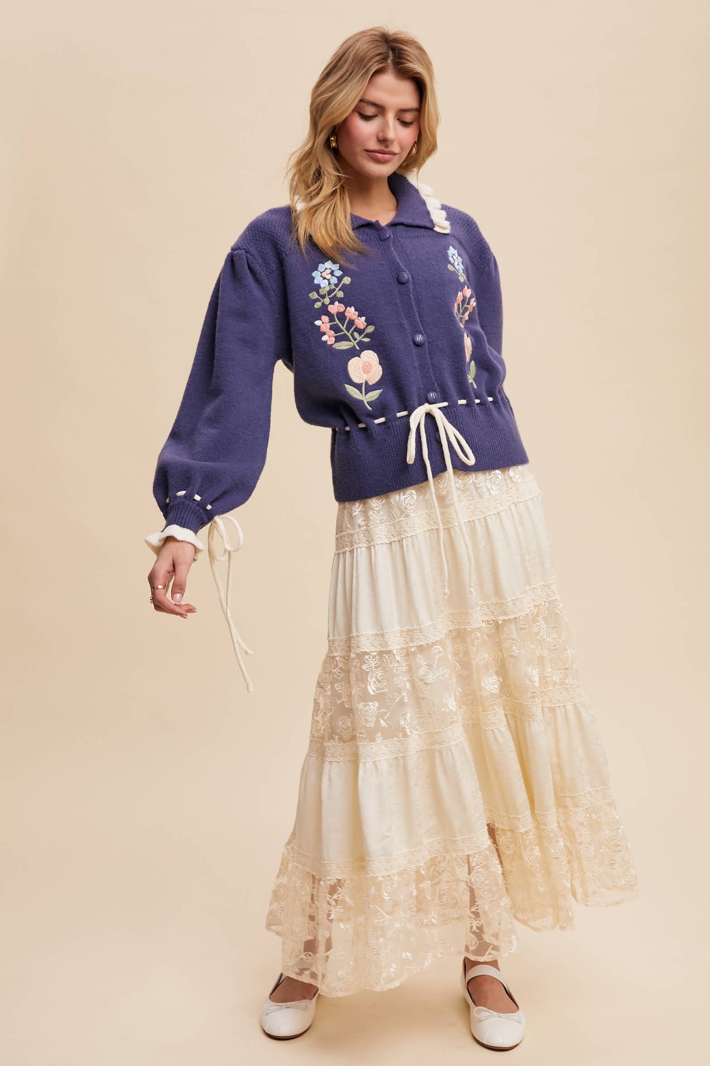 Floral Embroidered Tiered Maxi Skirt