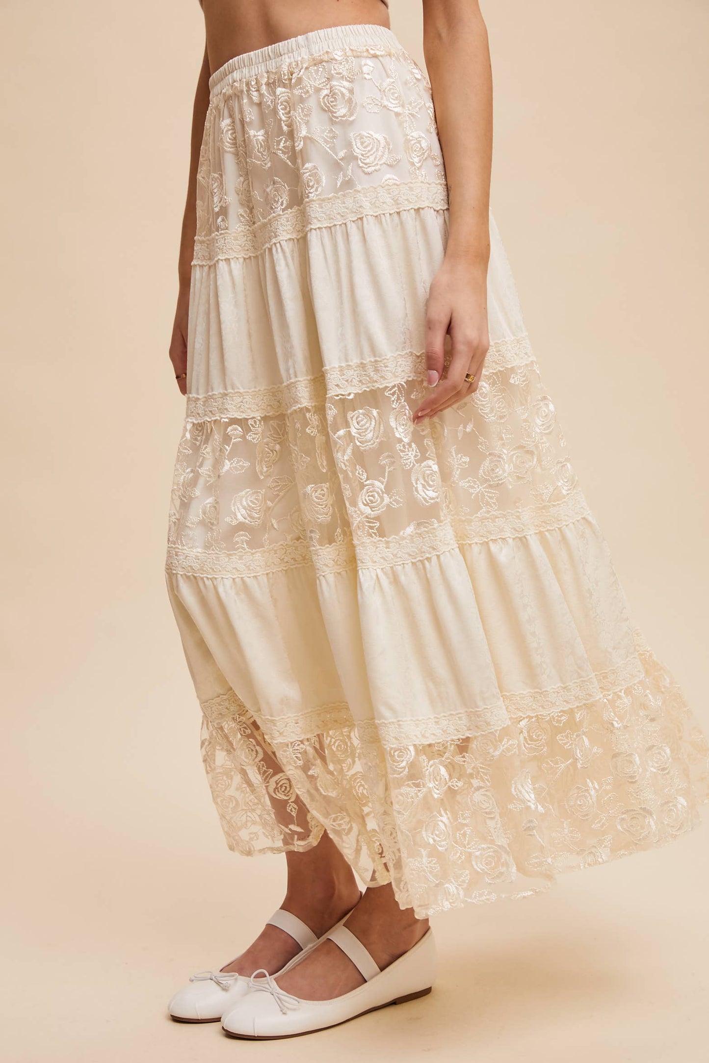 Floral Embroidered Tiered Maxi Skirt