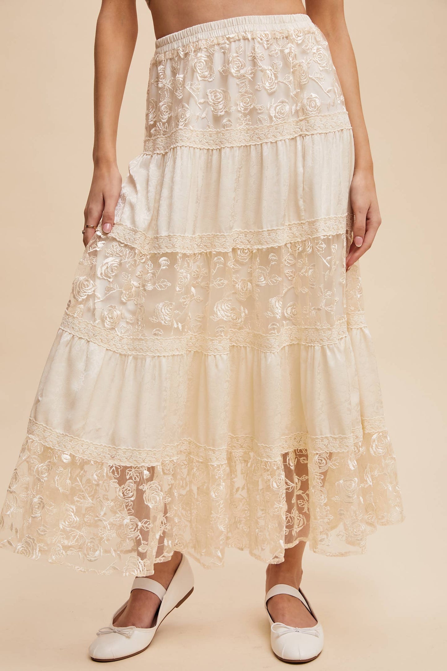 Floral Embroidered Tiered Maxi Skirt