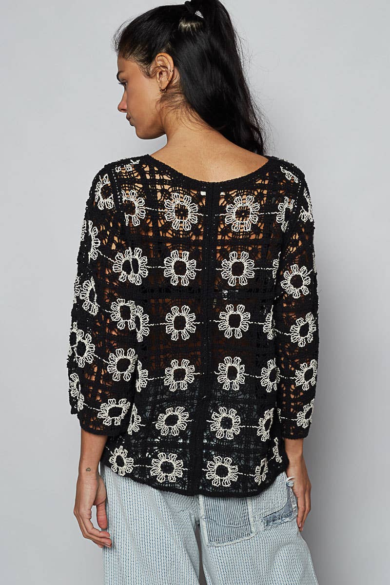 Round neck long sleeve crochet cardigan top