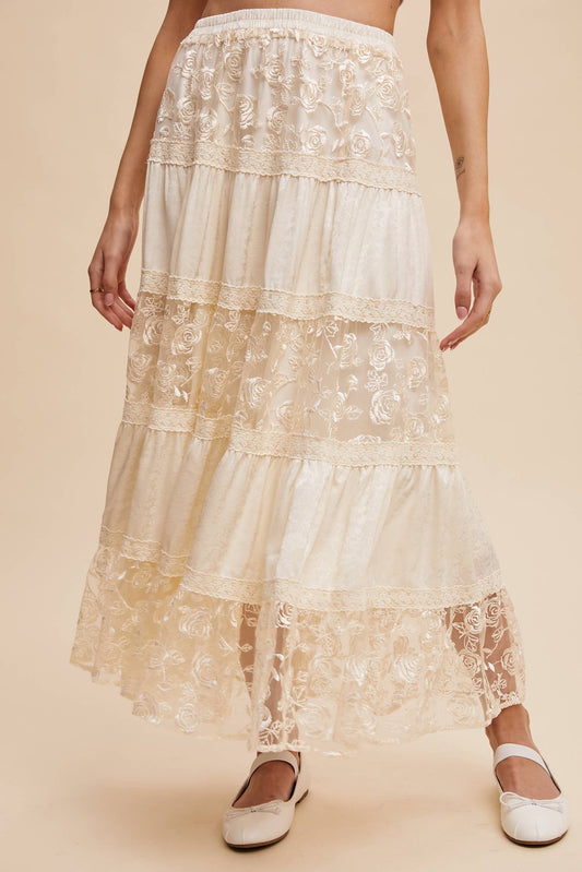 Floral Embroidered Tiered Maxi Skirt