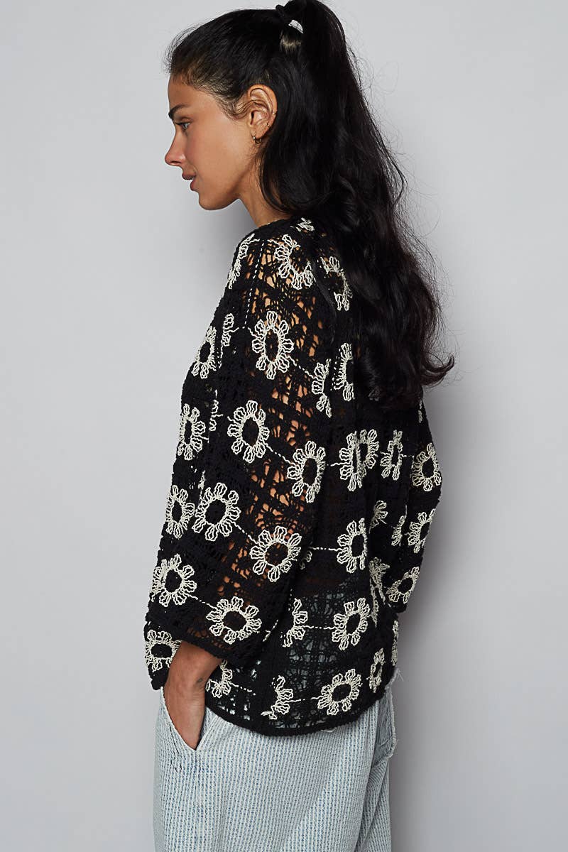 Round neck long sleeve crochet cardigan top
