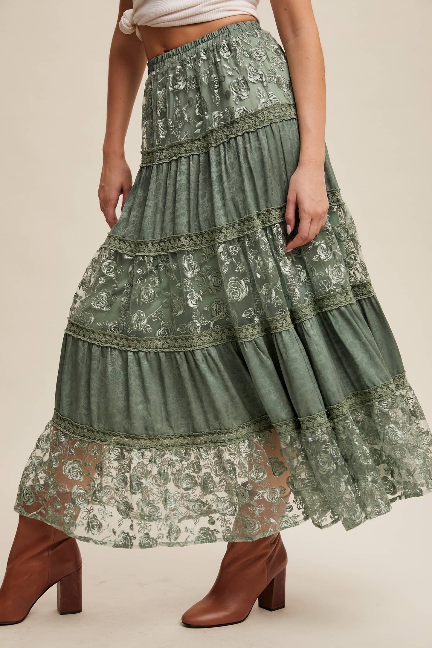 Floral Embroidered Tiered Maxi Skirt
