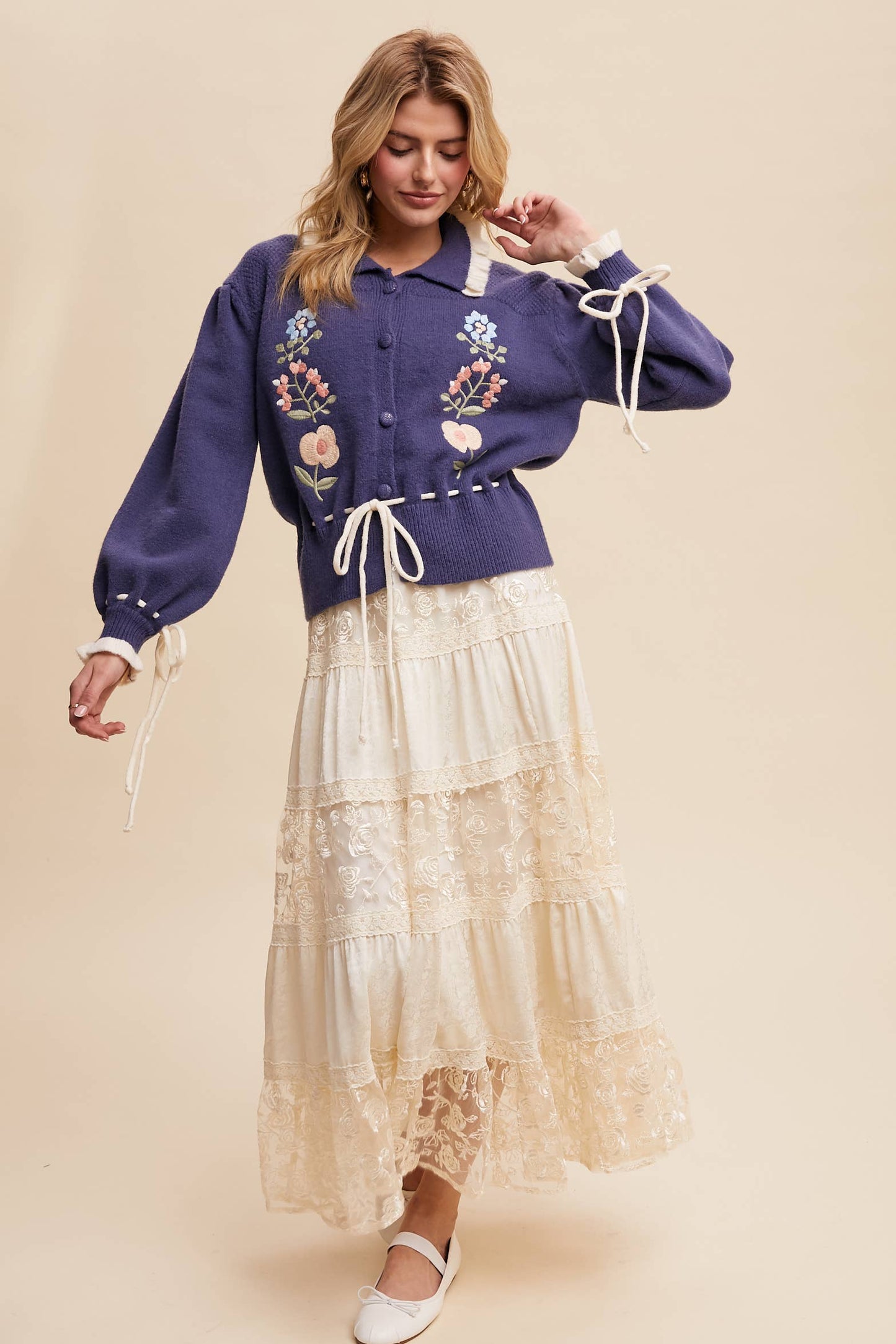 Floral Embroidered Tiered Maxi Skirt
