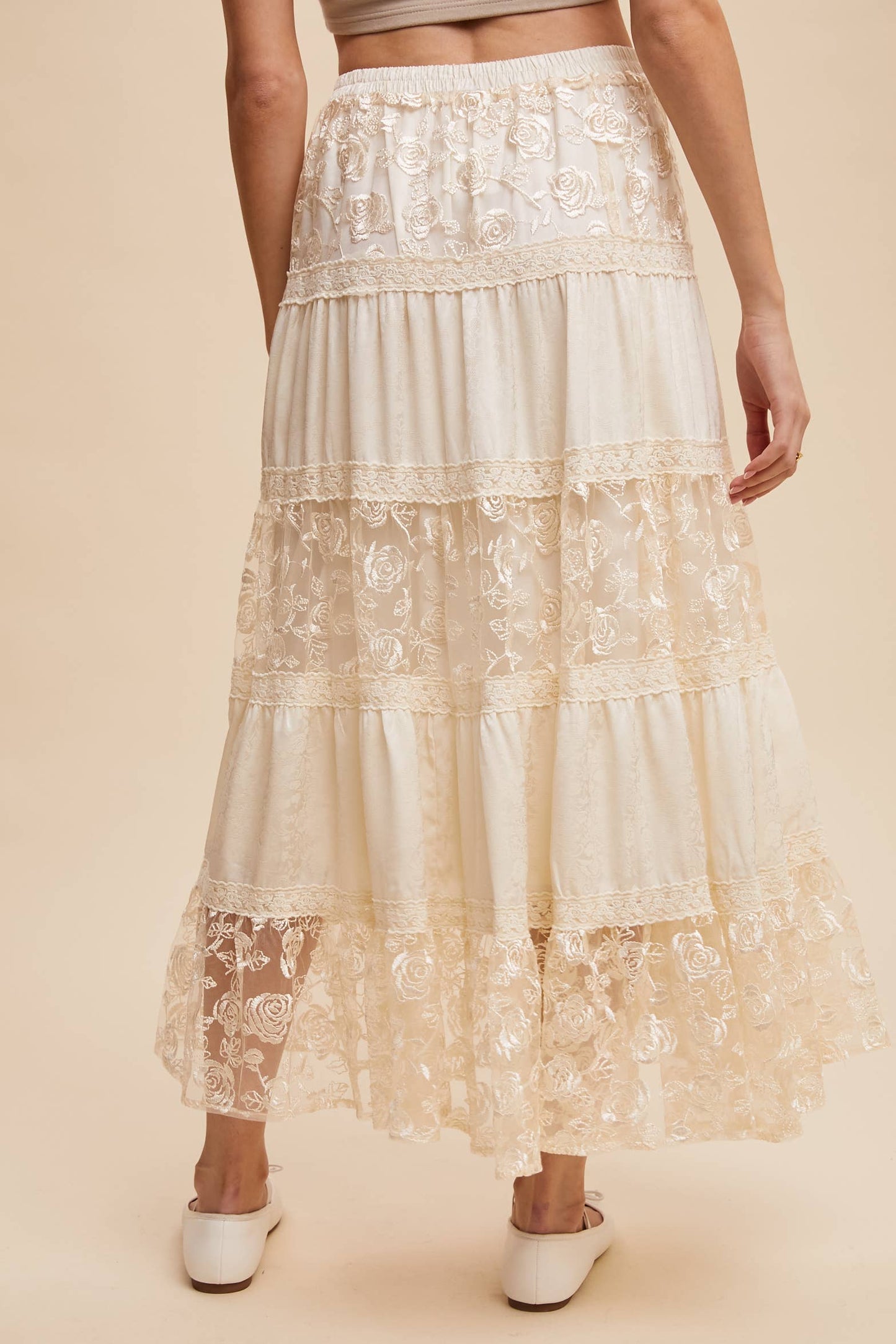 Floral Embroidered Tiered Maxi Skirt