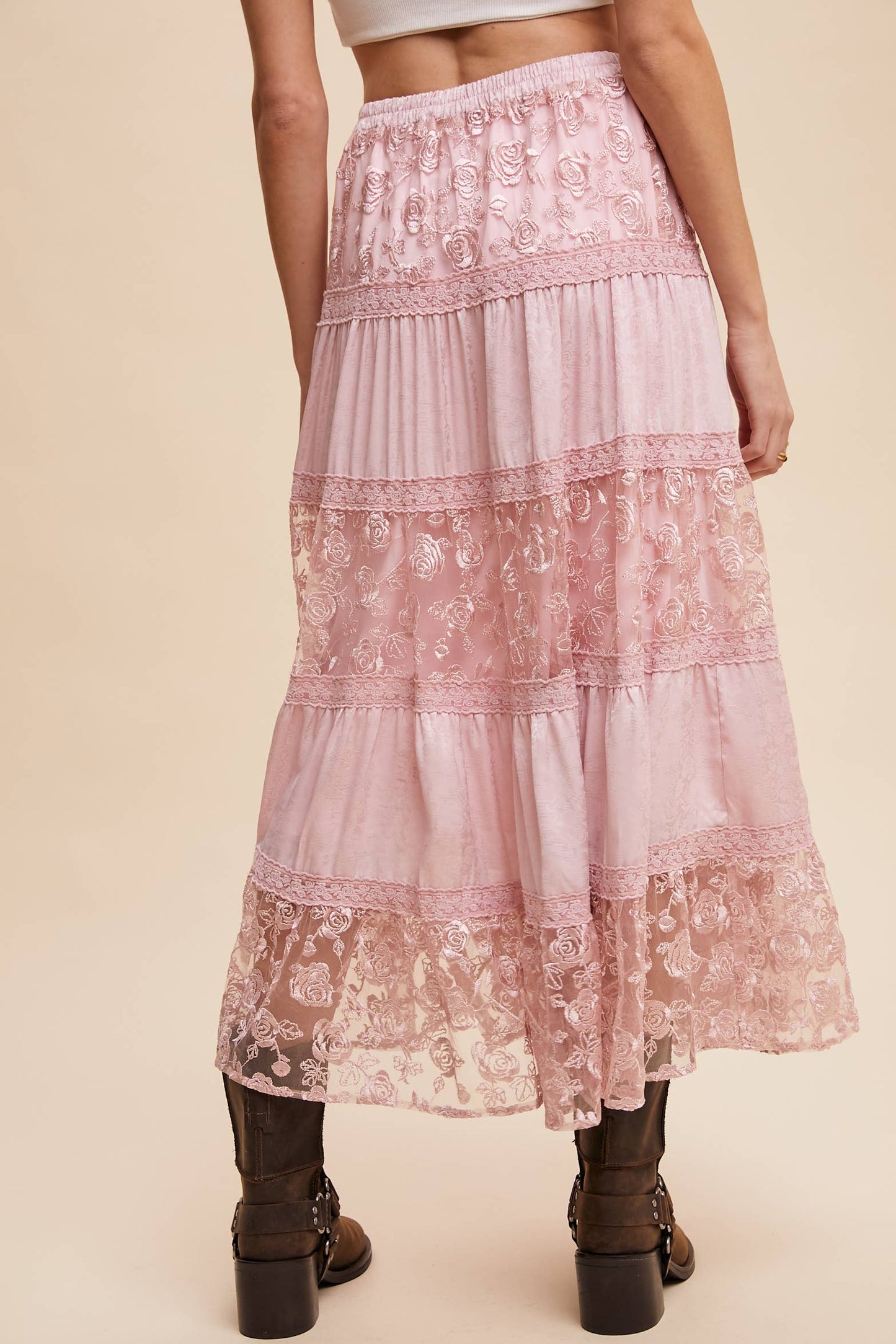 Floral Embroidered Tiered Maxi Skirt